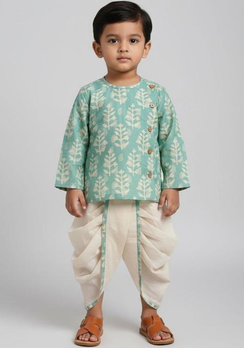 Sea Green Printed Cotton Kurta Set For Boys — view on Indya