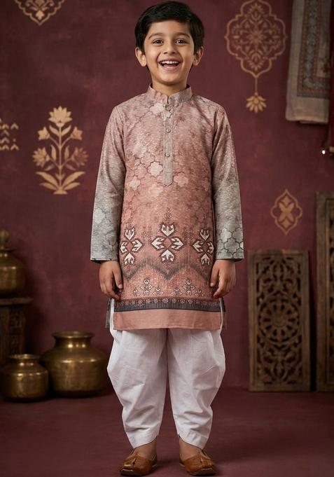 Peach Printed Cotton Kurta Set For Boys — view on Indya