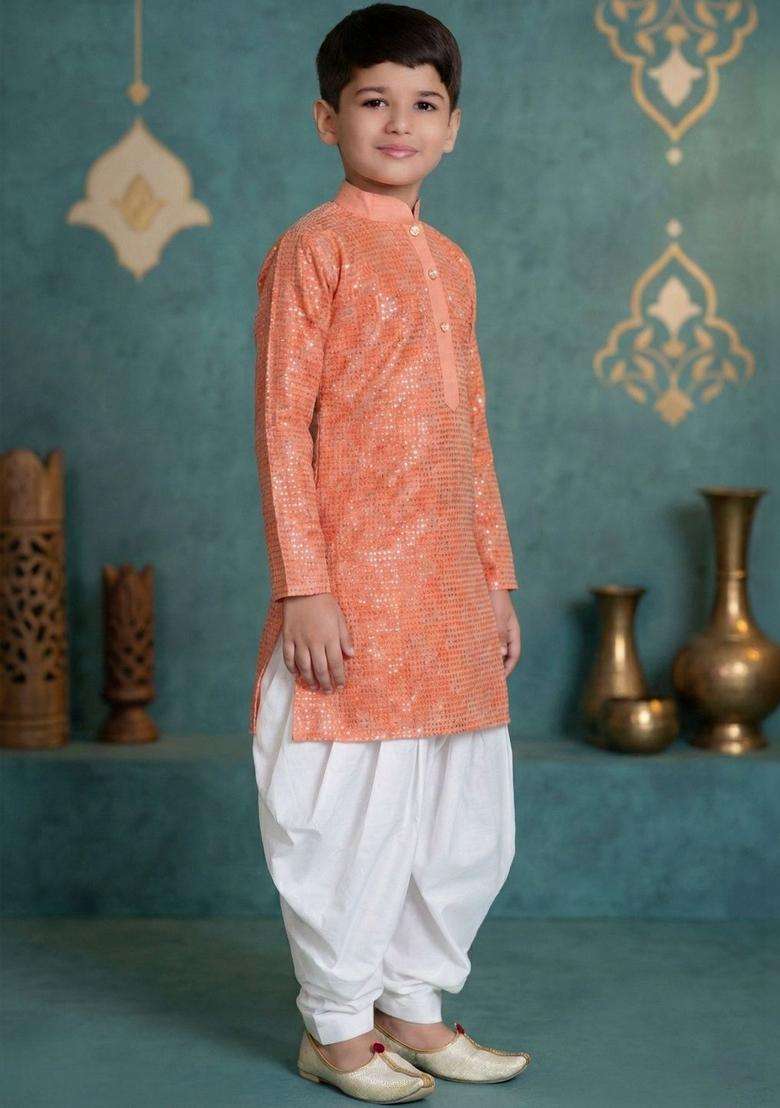 Peach Solid Silk Kurta Set For Boys - Indya