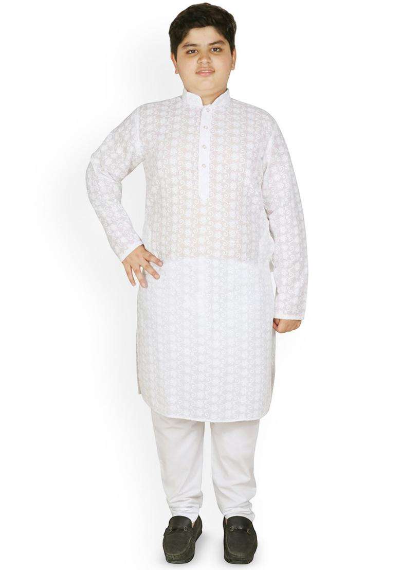 White Embroidered Cotton Kurta Set For Boys - Indya