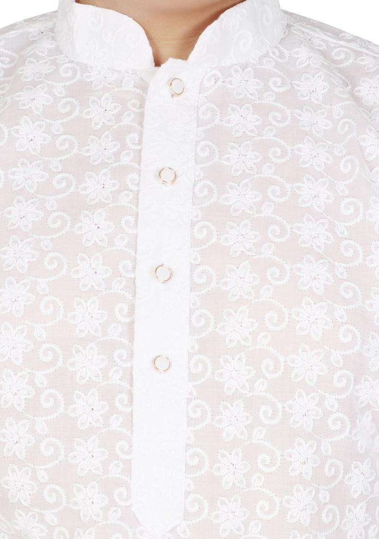 White Embroidered Cotton Kurta Set For Boys - Indya