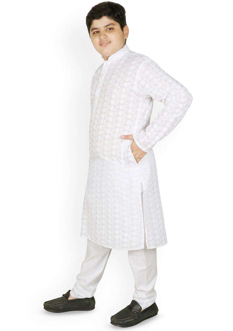 White Embroidered Cotton Kurta Set For Boys - Indya