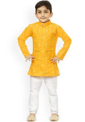 Yellow Embroidered Cotton Kurta Set For Boys