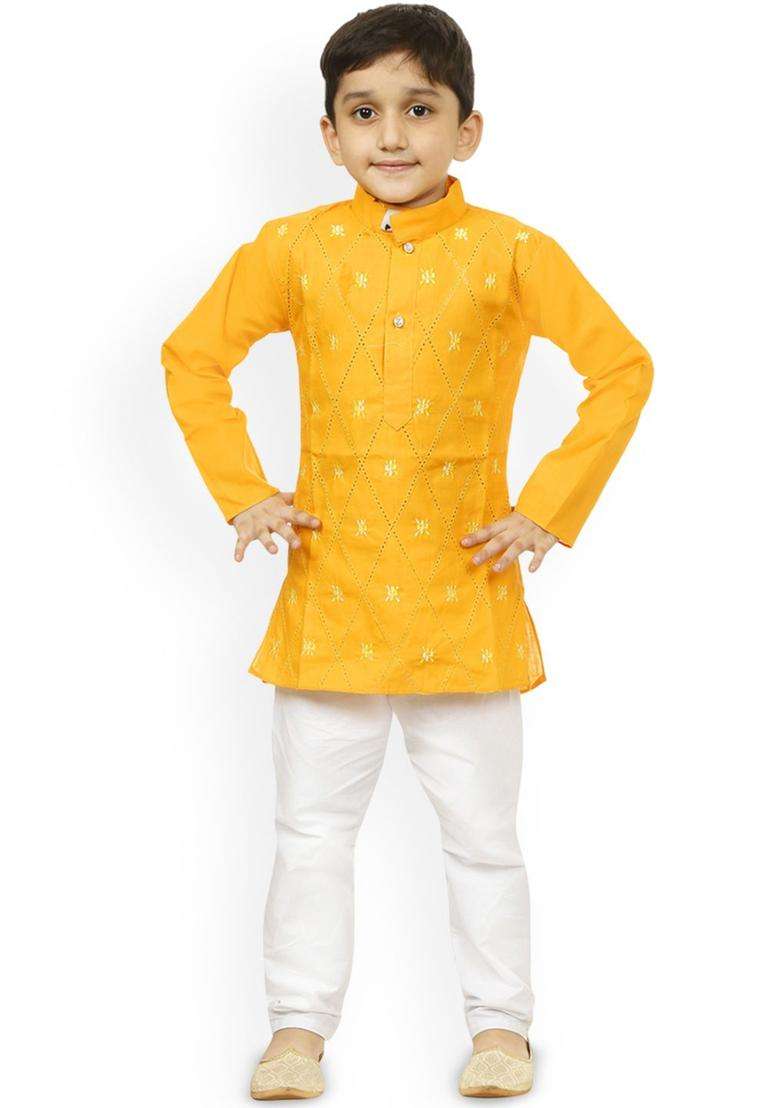 Yellow Embroidered Cotton Kurta Set For Boys - Indya