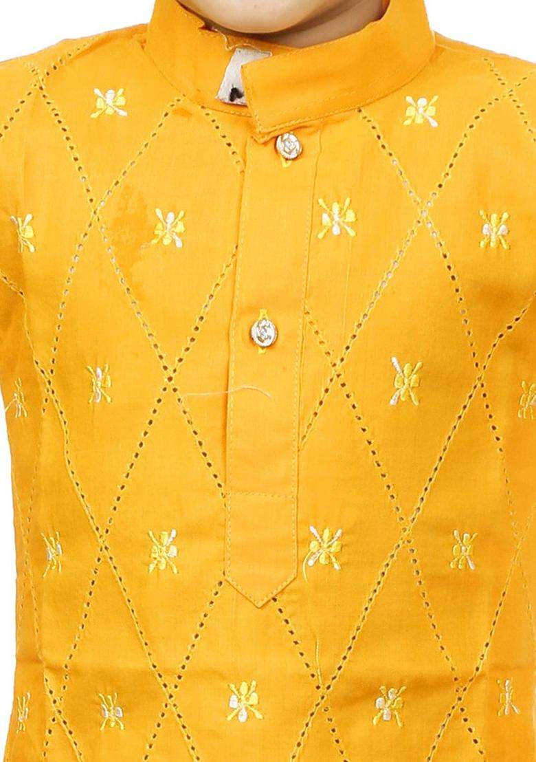 Yellow Embroidered Cotton Kurta Set For Boys - Indya