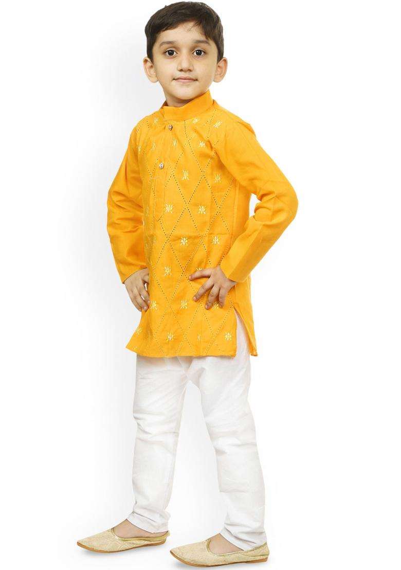 Yellow Embroidered Cotton Kurta Set For Boys - Indya