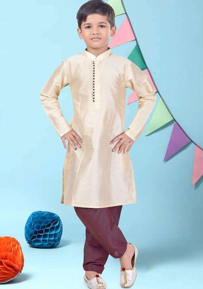 Gold Solid Cotton Kurta Set For Boys - Indya