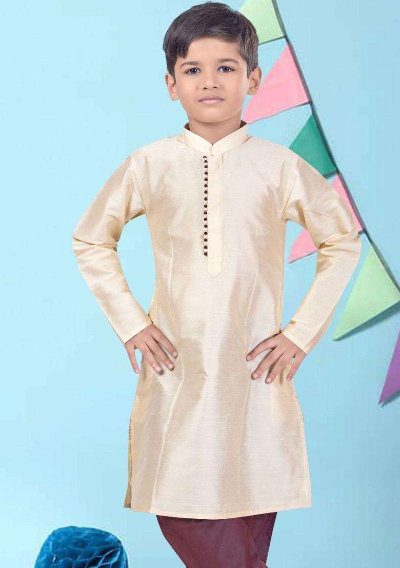 Gold Solid Cotton Kurta Set For Boys - Indya