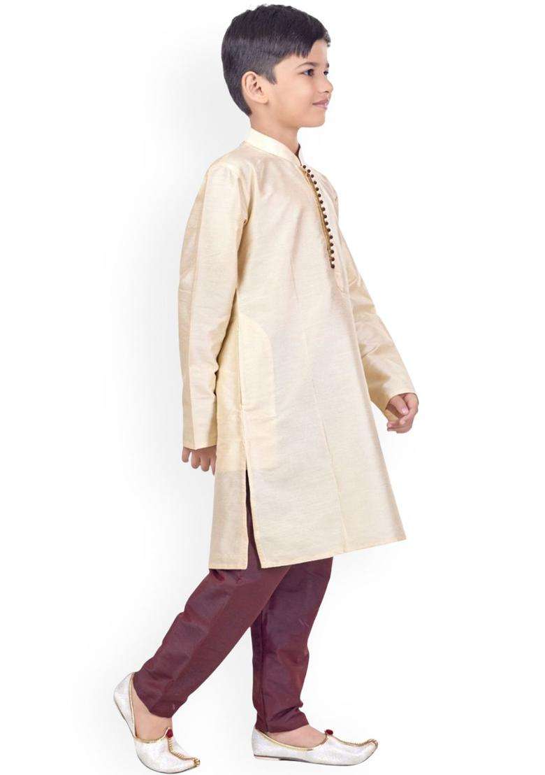 Gold Solid Cotton Kurta Set For Boys - Indya