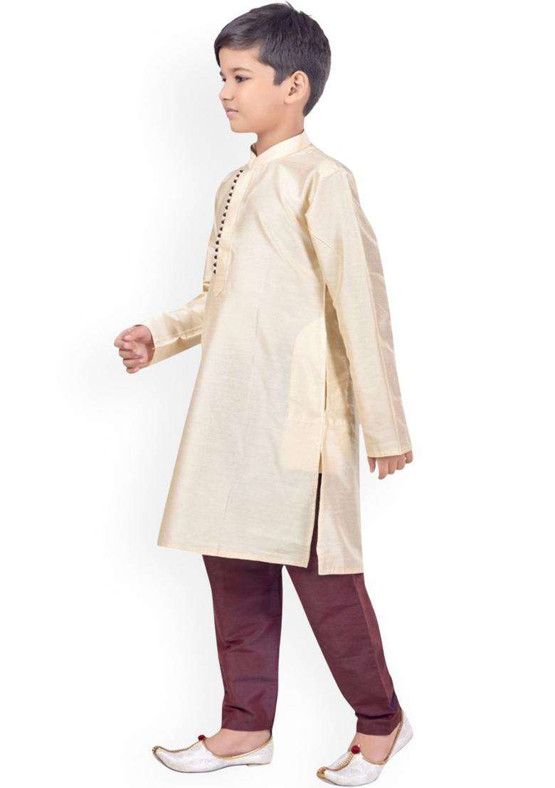 Gold Solid Cotton Kurta Set For Boys - Indya