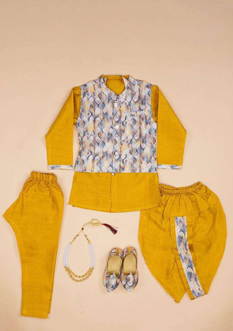 Gold Printed Silk Kurta Set For Boys - Indya