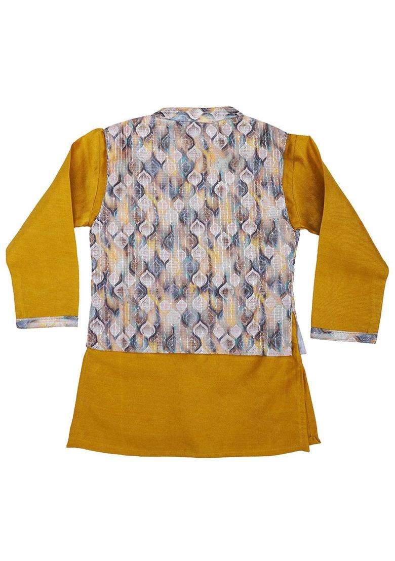 Gold Printed Silk Kurta Set For Boys - Indya