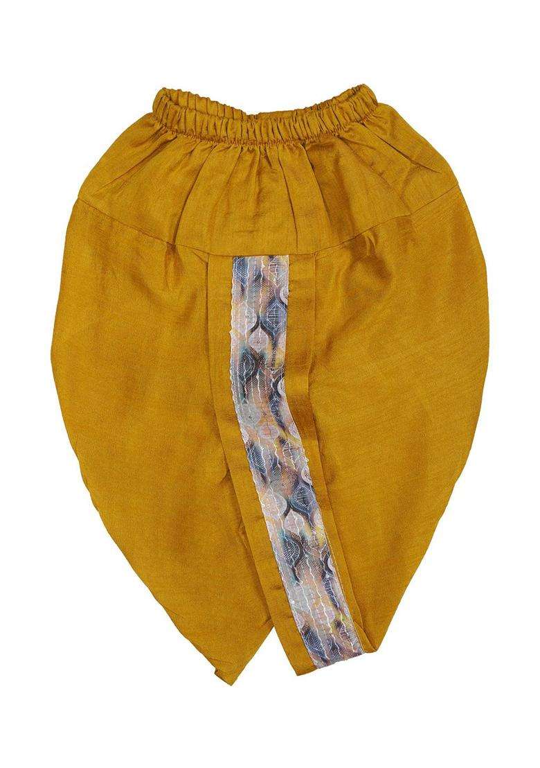 Gold Printed Silk Kurta Set For Boys - Indya