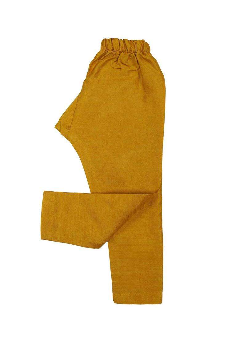 Gold Printed Silk Kurta Set For Boys - Indya