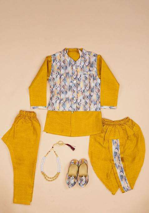 Gold Printed Silk Kurta Set For Boys