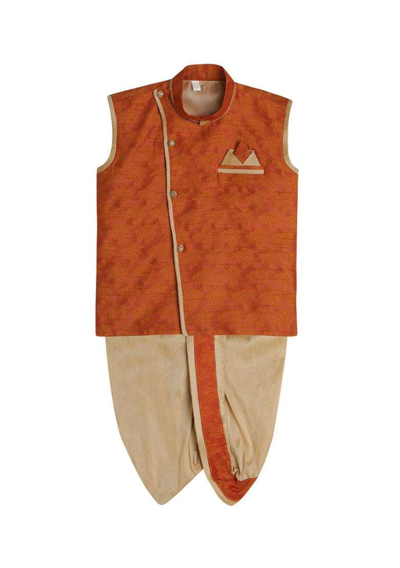 Brown Self Design Silk Kurta Set For Boys - Indya