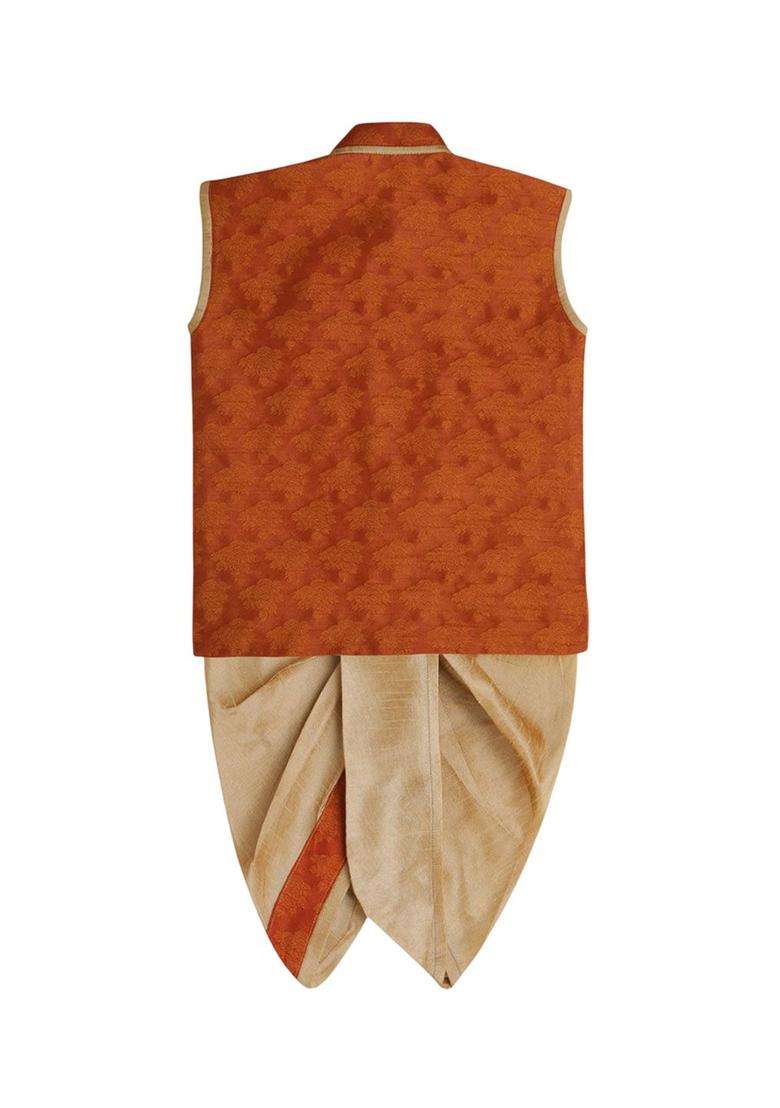 Brown Self Design Silk Kurta Set For Boys - Indya
