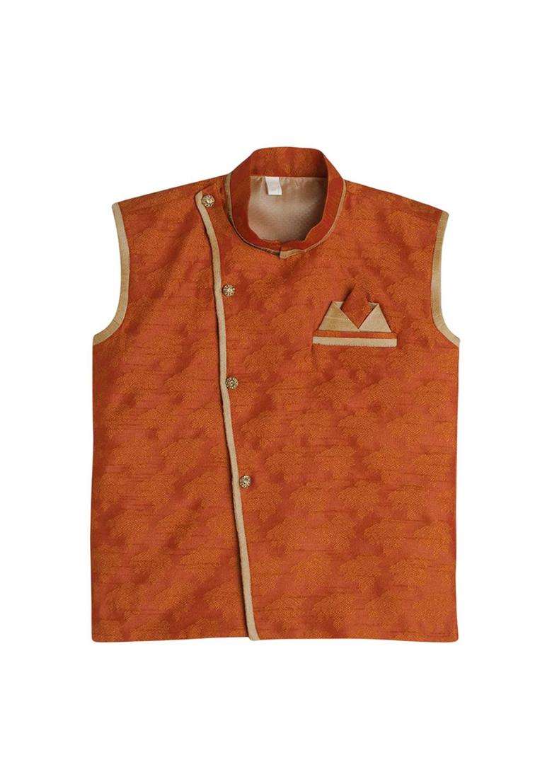 Brown Self Design Silk Kurta Set For Boys - Indya