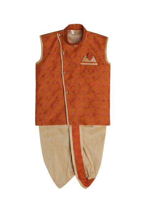 Brown Self Design Silk Kurta Set For Boys
