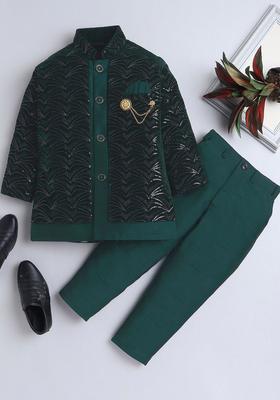 Green Embroidered Velvet Kurta Set For Boys