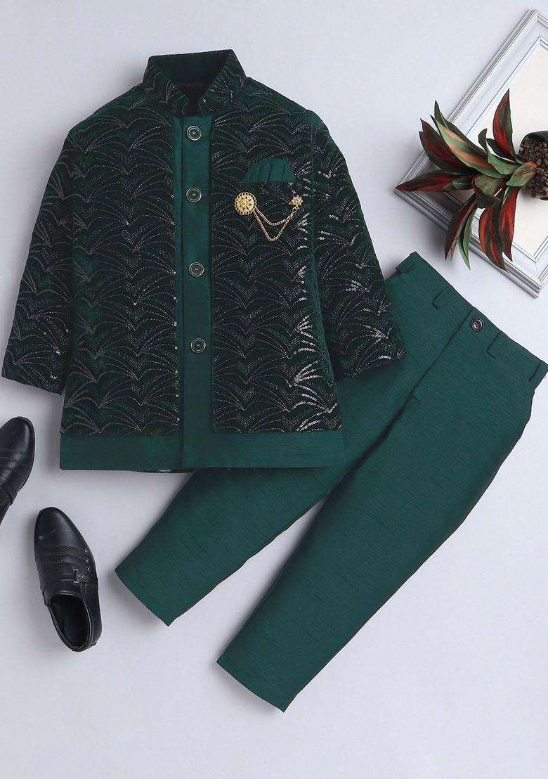 Green Embroidered Velvet Kurta Set For Boys - Indya