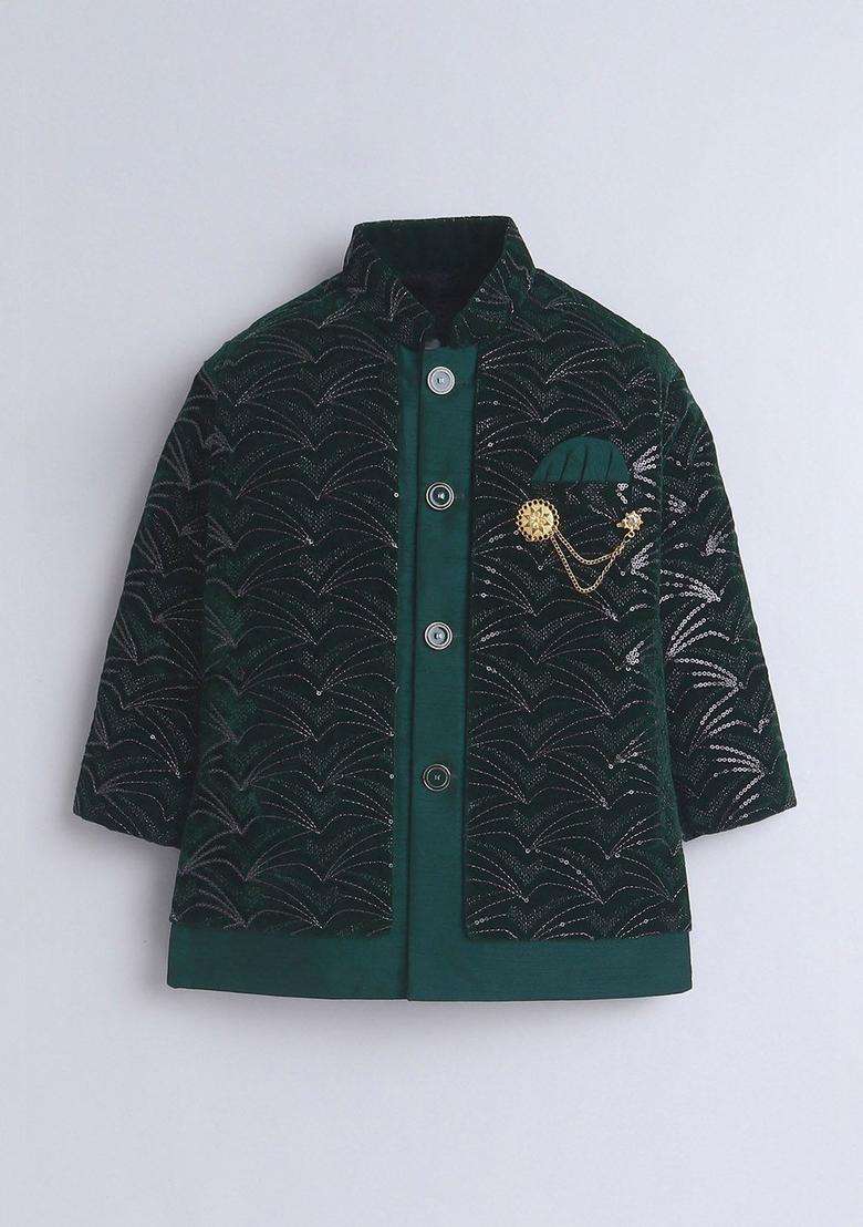 Green Embroidered Velvet Kurta Set For Boys - Indya