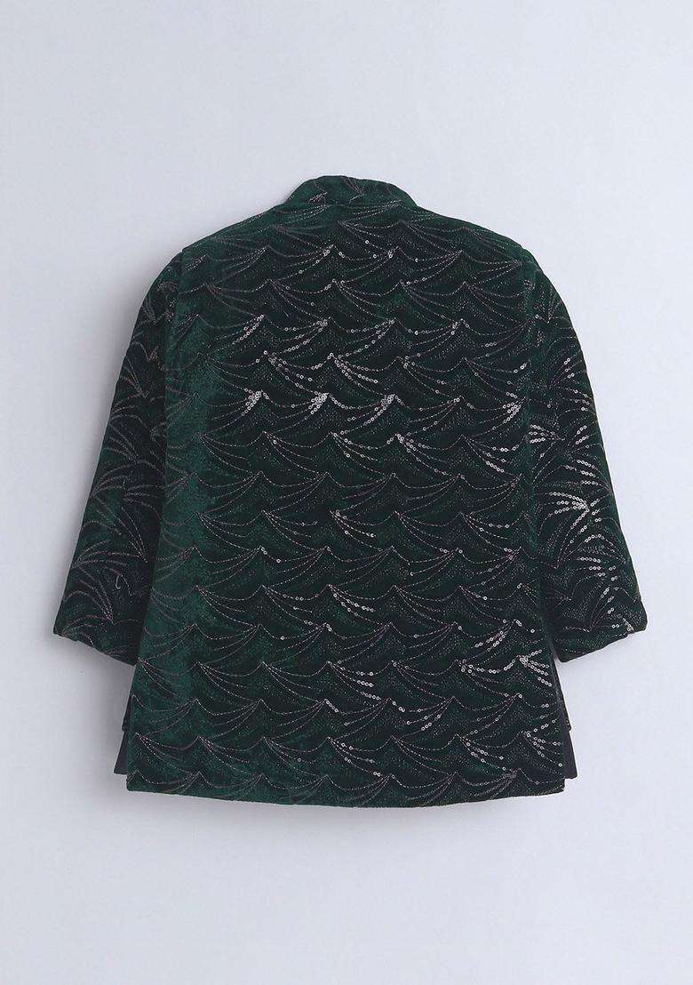 Green Embroidered Velvet Kurta Set For Boys - Indya