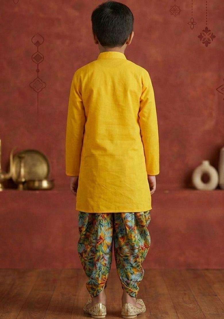 Yellow Embroidered Cotton Kurta Set For Boys - Indya