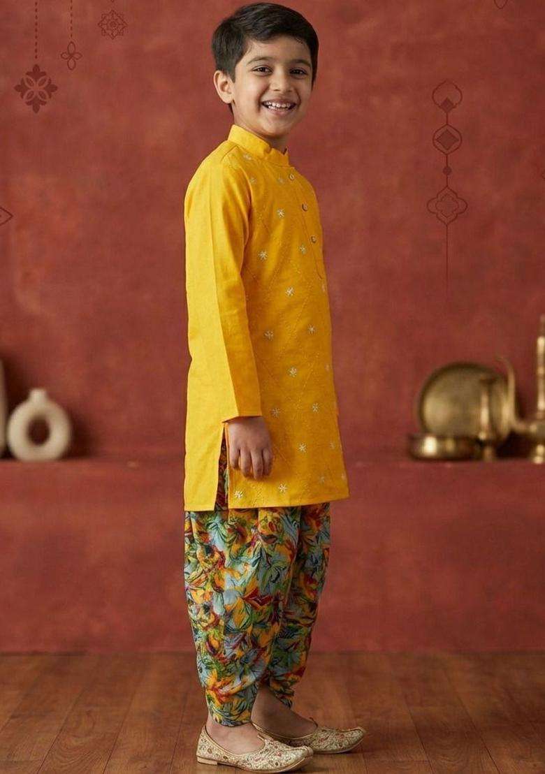 Yellow Embroidered Cotton Kurta Set For Boys - Indya