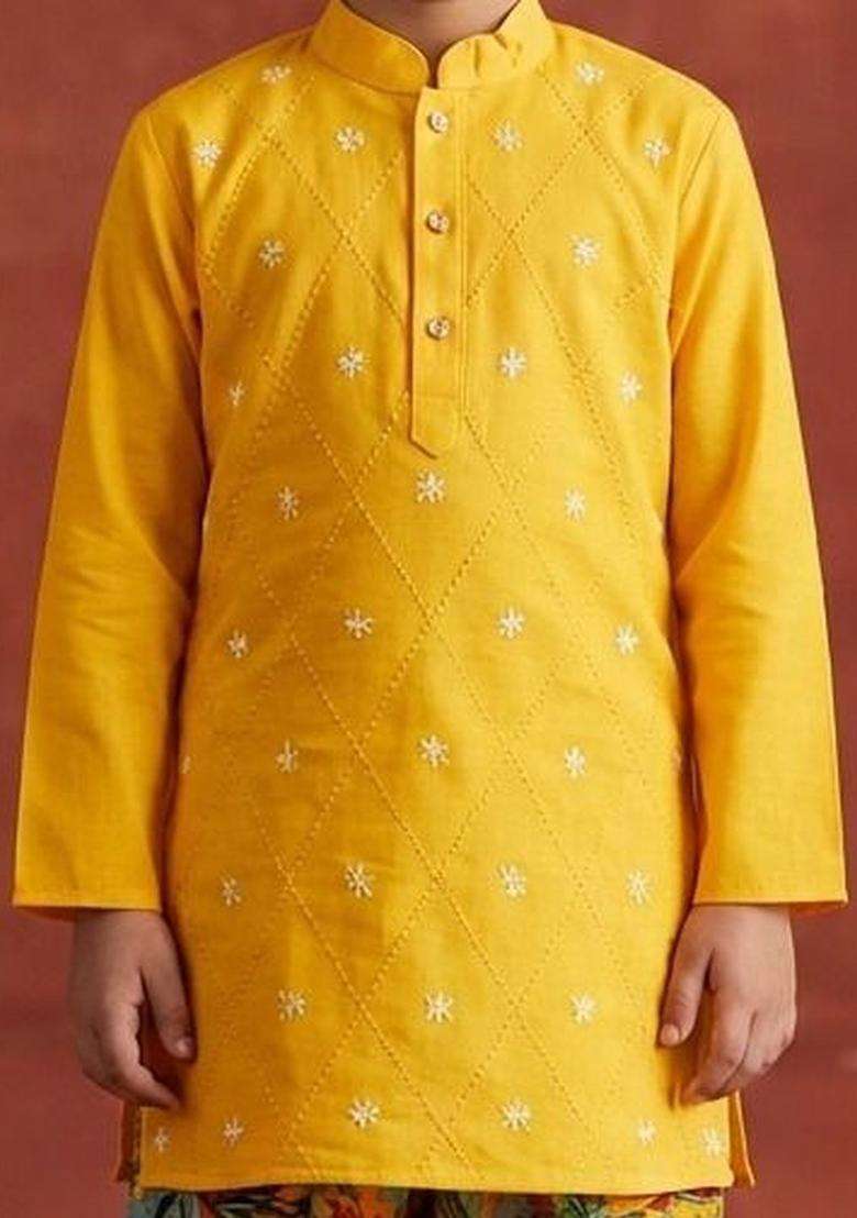 Yellow Embroidered Cotton Kurta Set For Boys - Indya