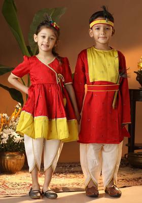 Red Embroidered Silk Kurta Set For Boys