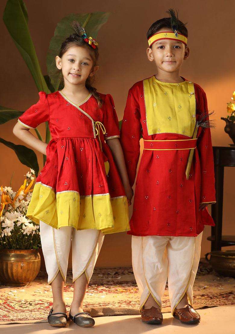 Red Embroidered Silk Kurta Set For Boys - Indya