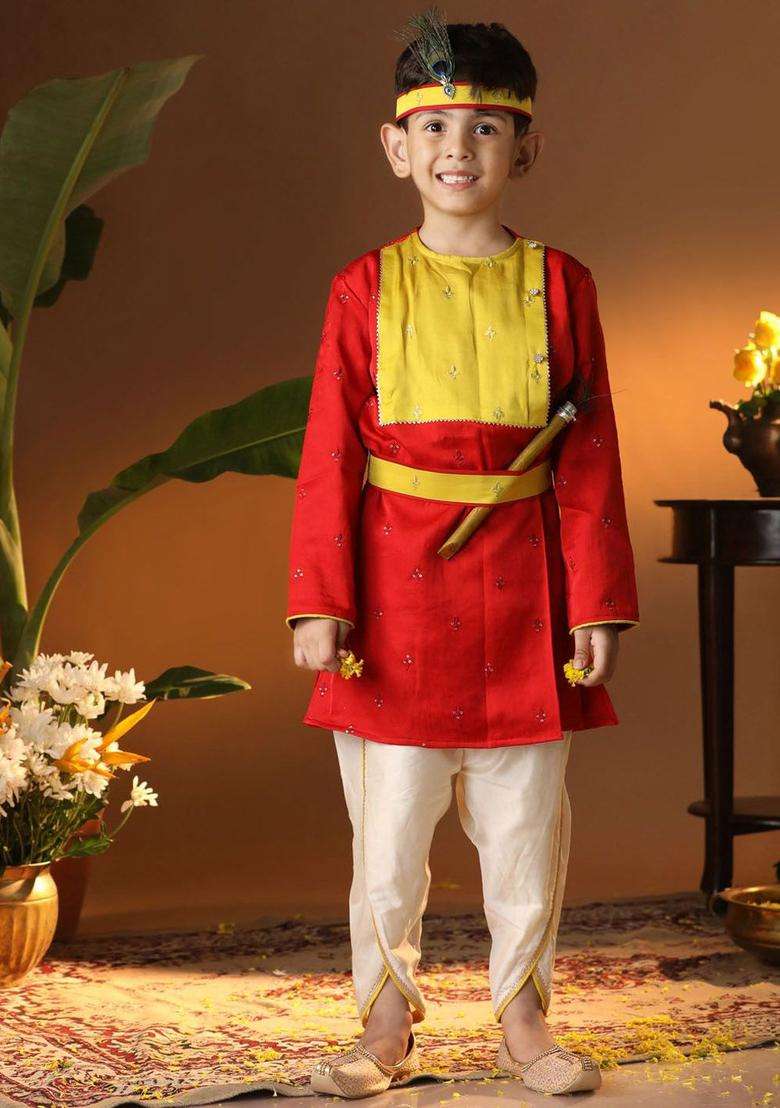 Red Embroidered Silk Kurta Set For Boys - Indya