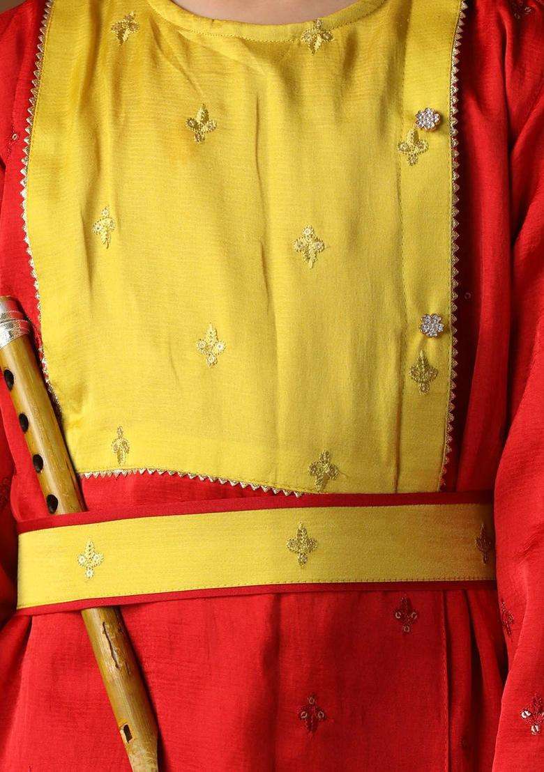 Red Embroidered Silk Kurta Set For Boys - Indya