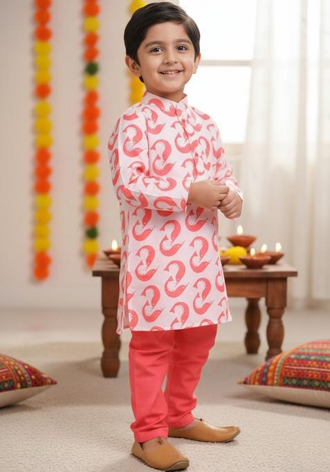 Pink Printed Cotton Kurta Set For Boys — view on Indya