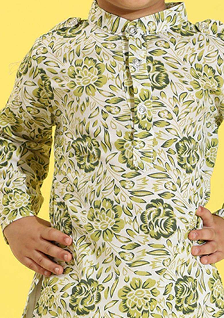 Green Printed Cotton Kurta Set For Boys - Indya