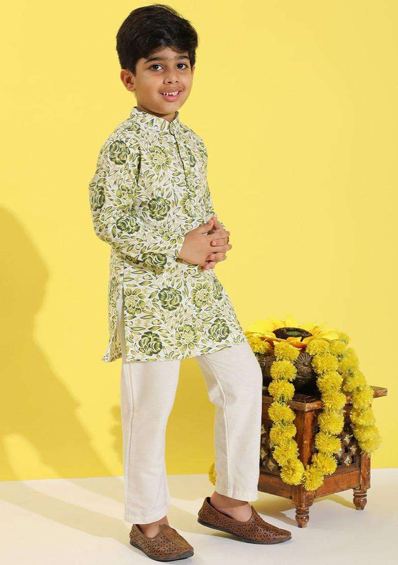 Green Printed Cotton Kurta Set For Boys - Indya