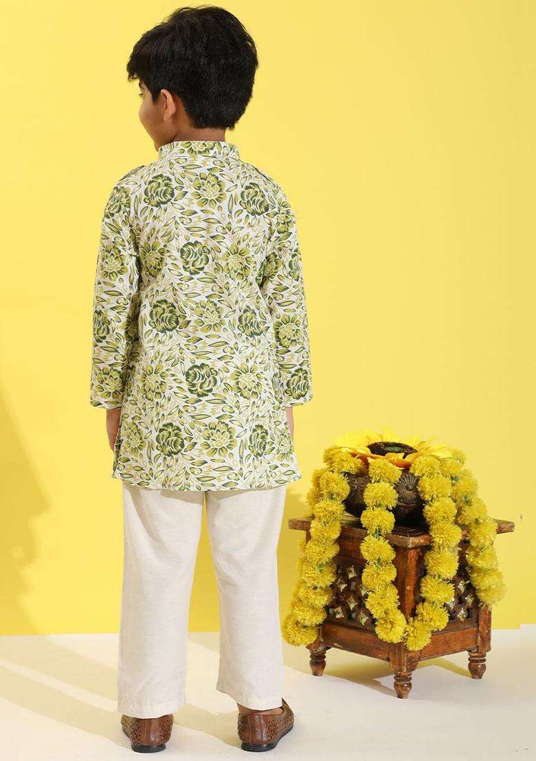 Green Printed Cotton Kurta Set For Boys - Indya