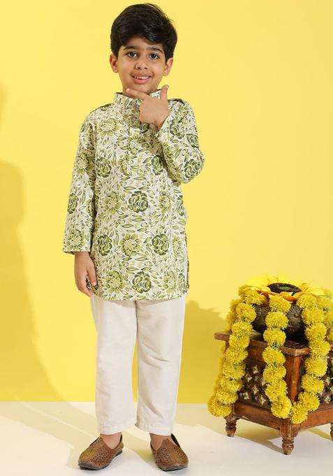 Green Printed Cotton Kurta Set For Boys