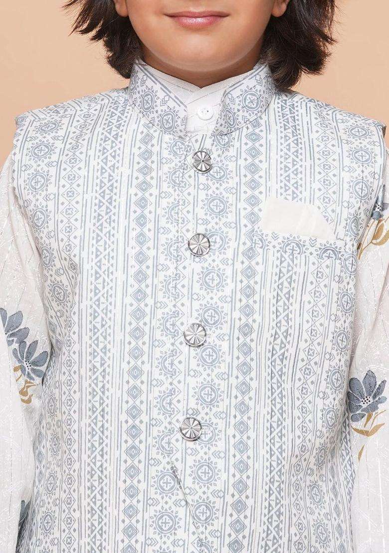 Grey Printed Cotton Kurta Set For Boys - Indya