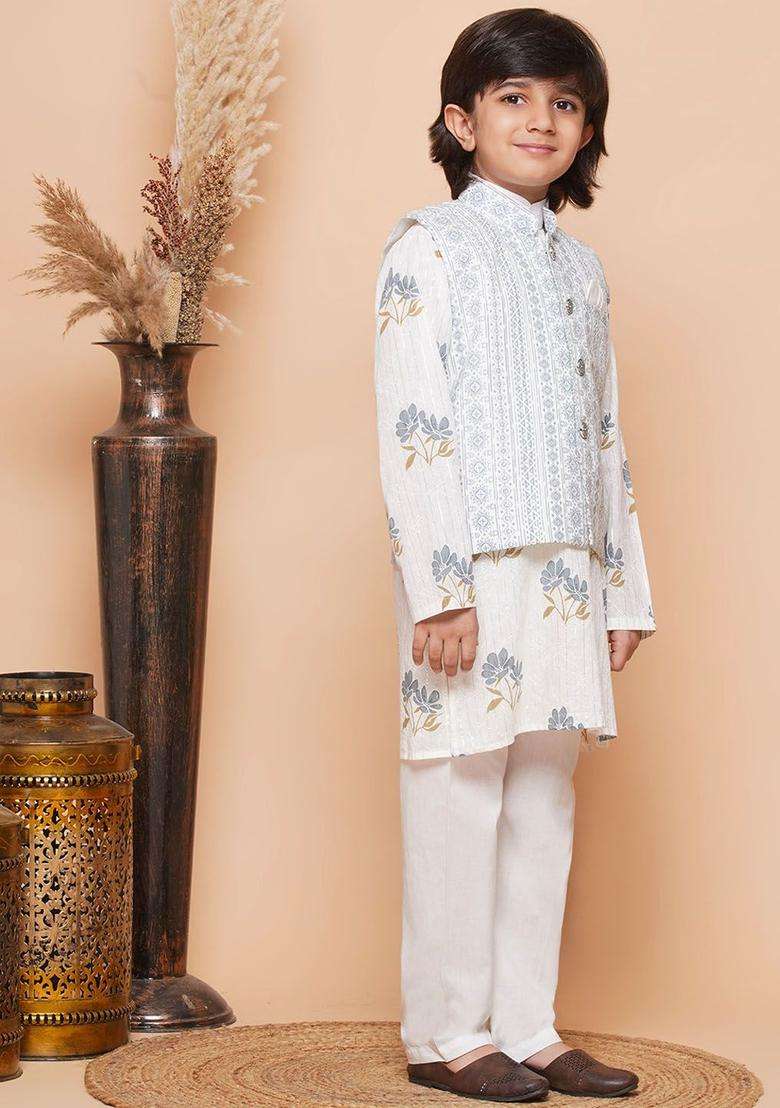Grey Printed Cotton Kurta Set For Boys - Indya