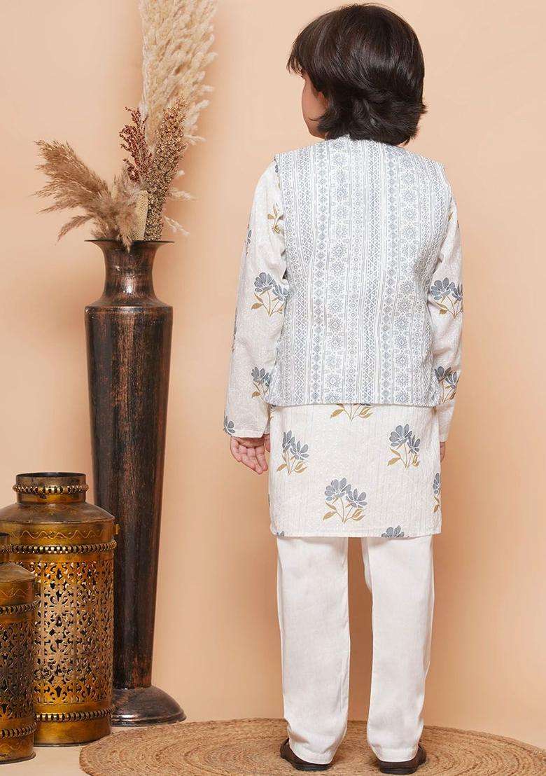 Grey Printed Cotton Kurta Set For Boys - Indya