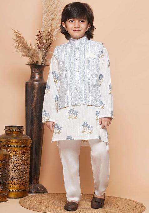 Grey Printed Cotton Kurta Set For Boys