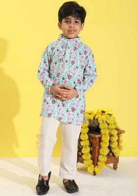 White Printed Cotton Kurta Set For Boys