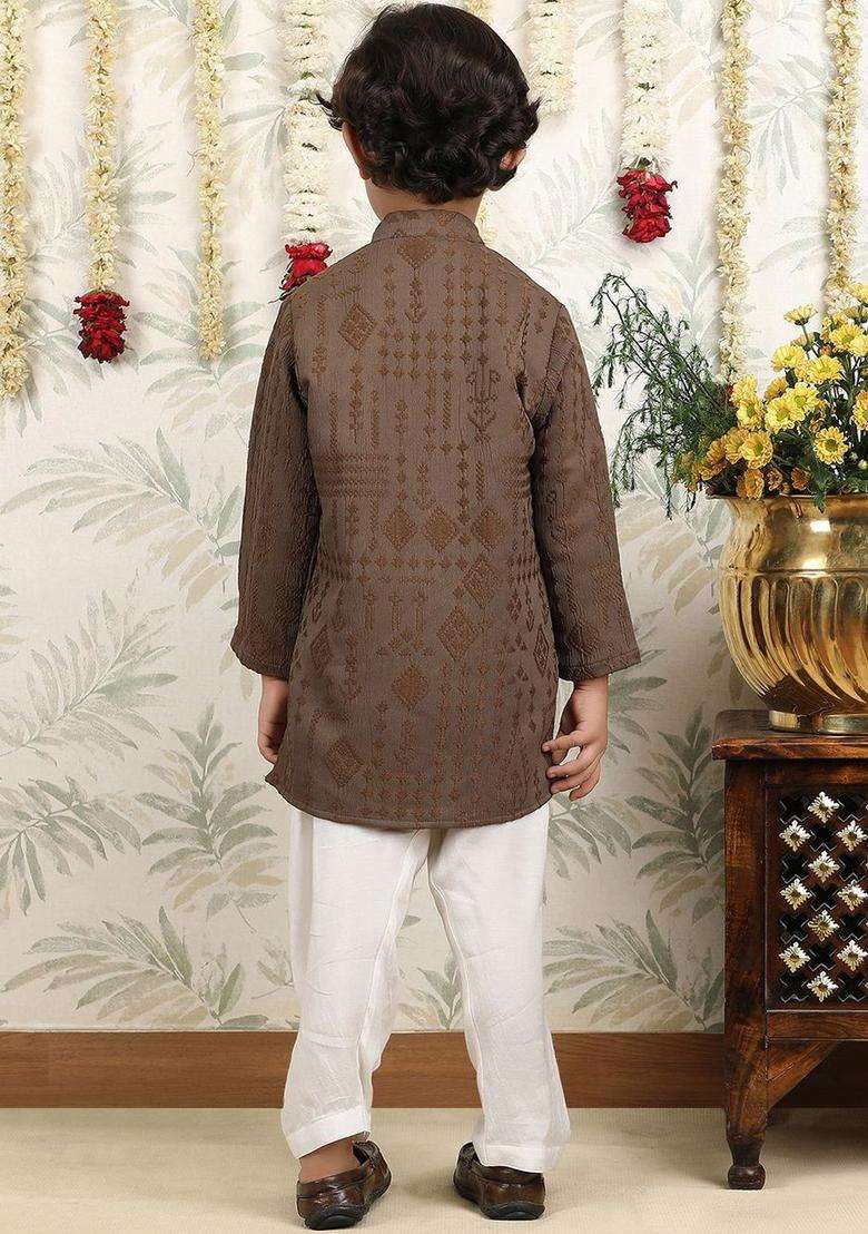 Brown Embroidered Cotton Kurta Set For Boys - Indya