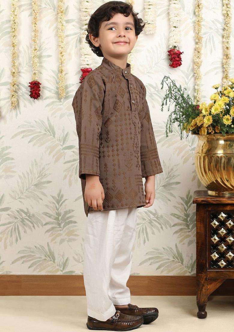 Brown Embroidered Cotton Kurta Set For Boys - Indya