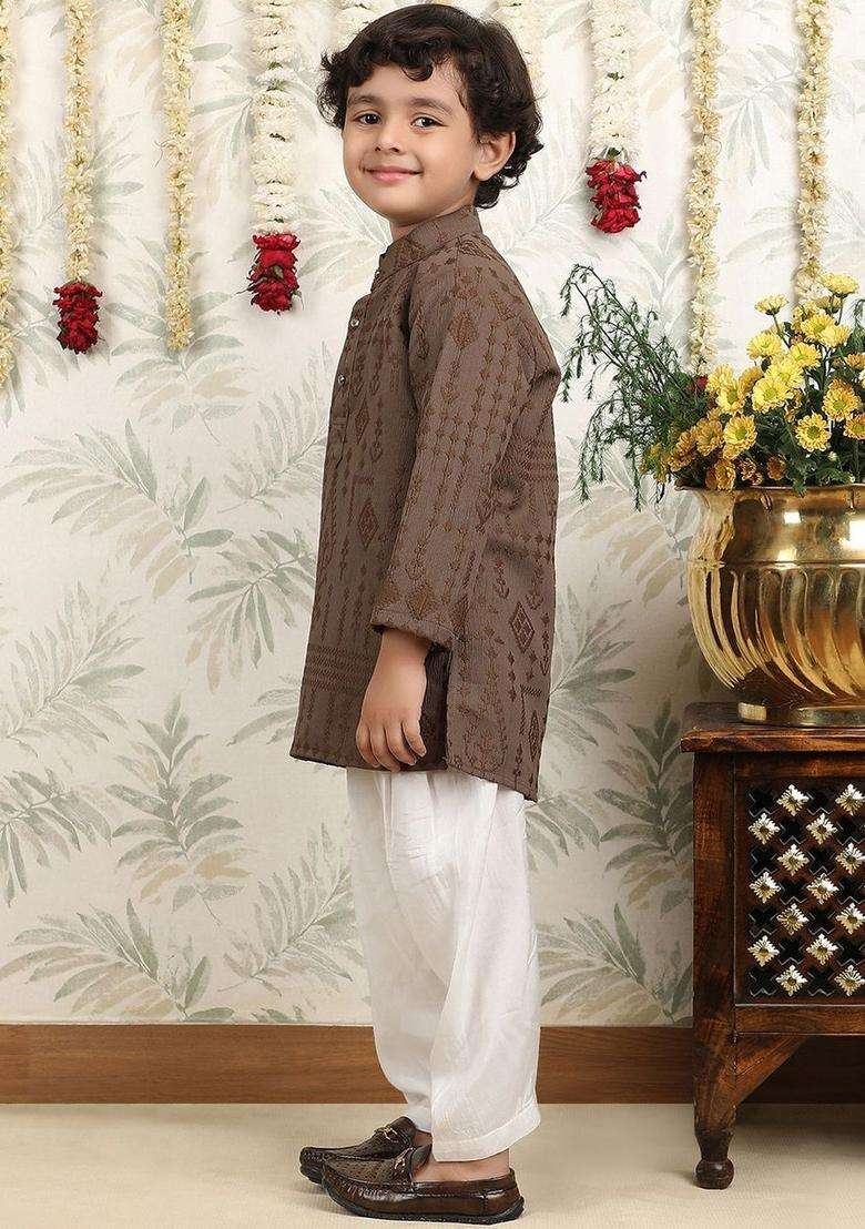 Brown Embroidered Cotton Kurta Set For Boys - Indya