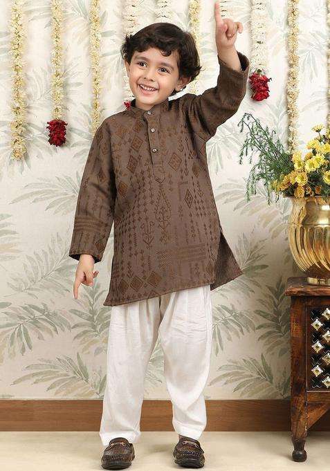 Brown Embroidered Cotton Kurta Set For Boys