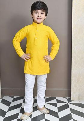 Yellow Embroidered Viscose Kurta Set For Boys