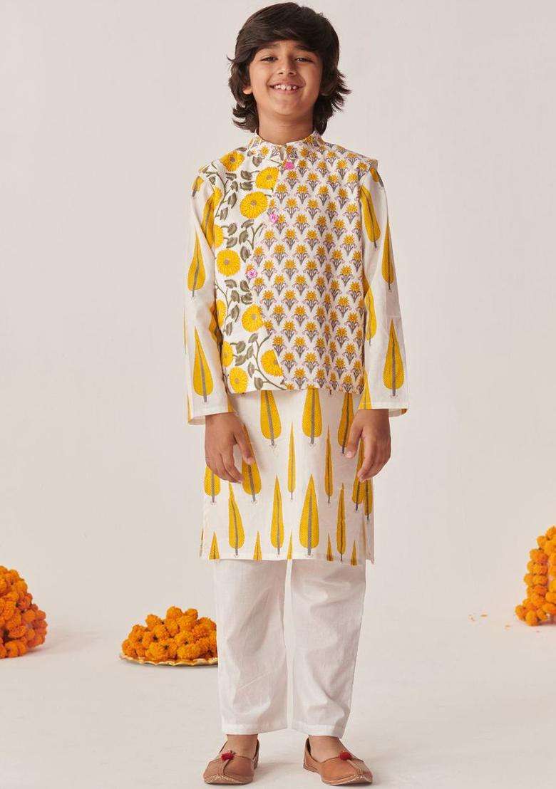 Grey Printed Cotton Kurta Set For Boys - Indya
